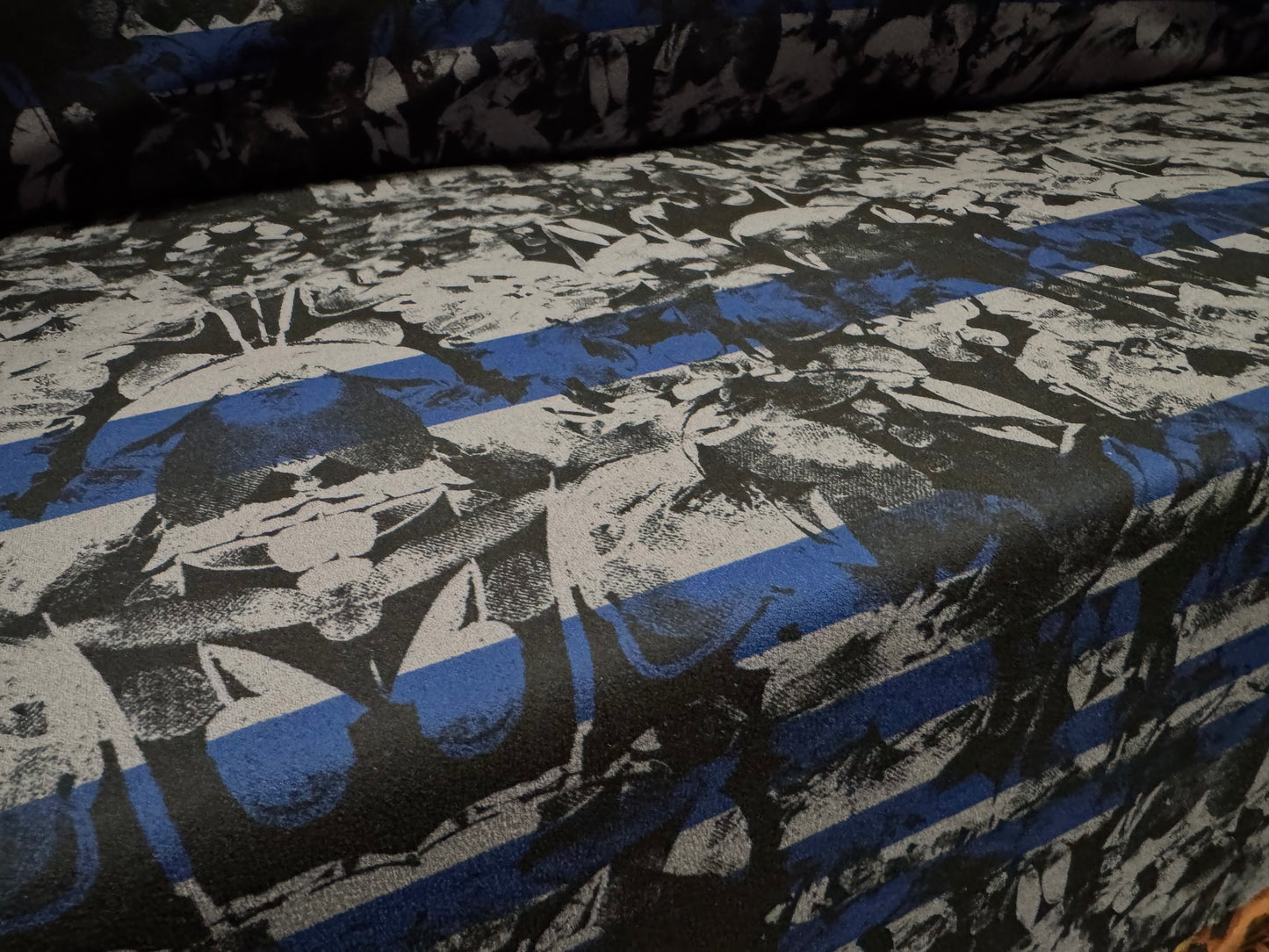 Scuba crepe stretch spandex double jersey fabric, per metre - stripes on abstract print - blue & grey