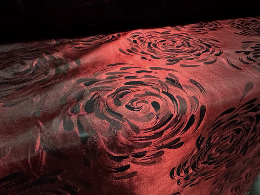 Taffeta faux silk fabric, per metre - stylised flower jacquard - wine