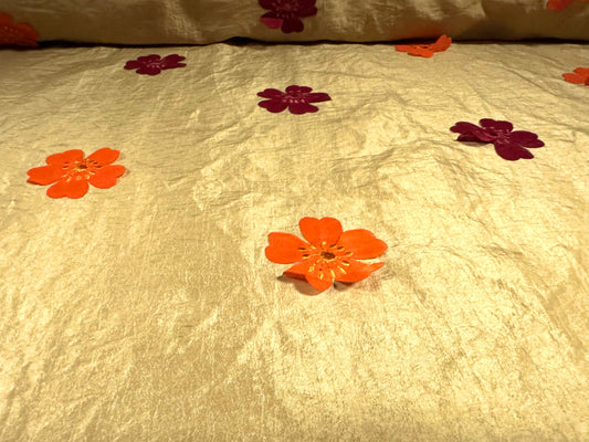 Taffeta faux silk fabric - flower appliqué - gold orange & burgundy