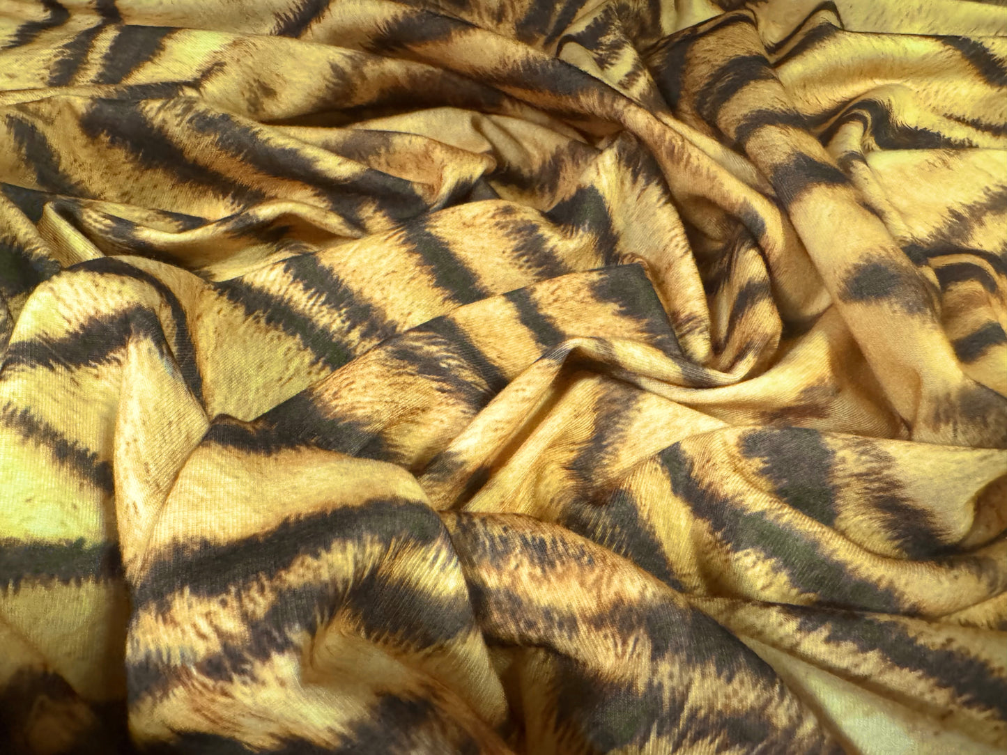 Stretch spandex interlock jersey fabric, per metre - tiger animal print - gold