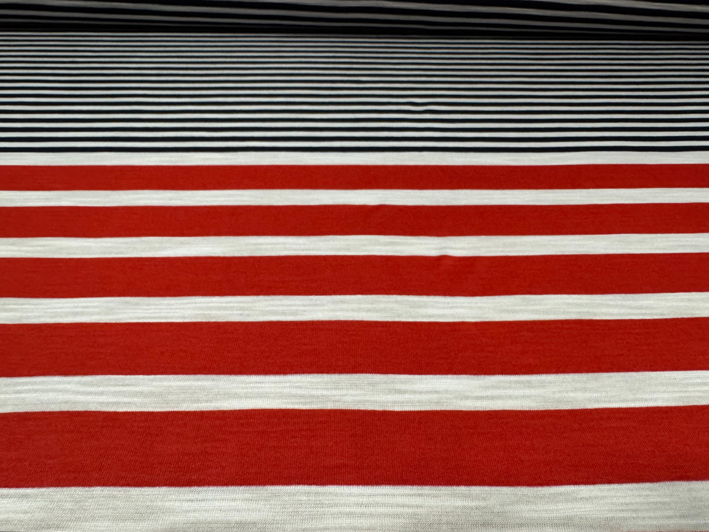 Viscose blend single jersey fabric, per metre - multi stripe - navy white & red