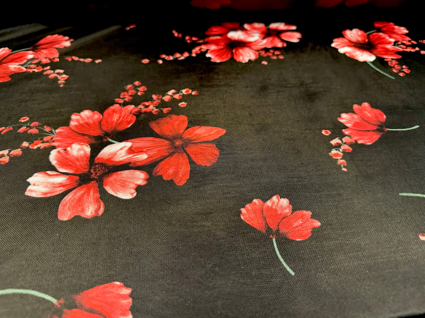 Power mesh net stretch spandex fabric, per metre - flower print - black & red