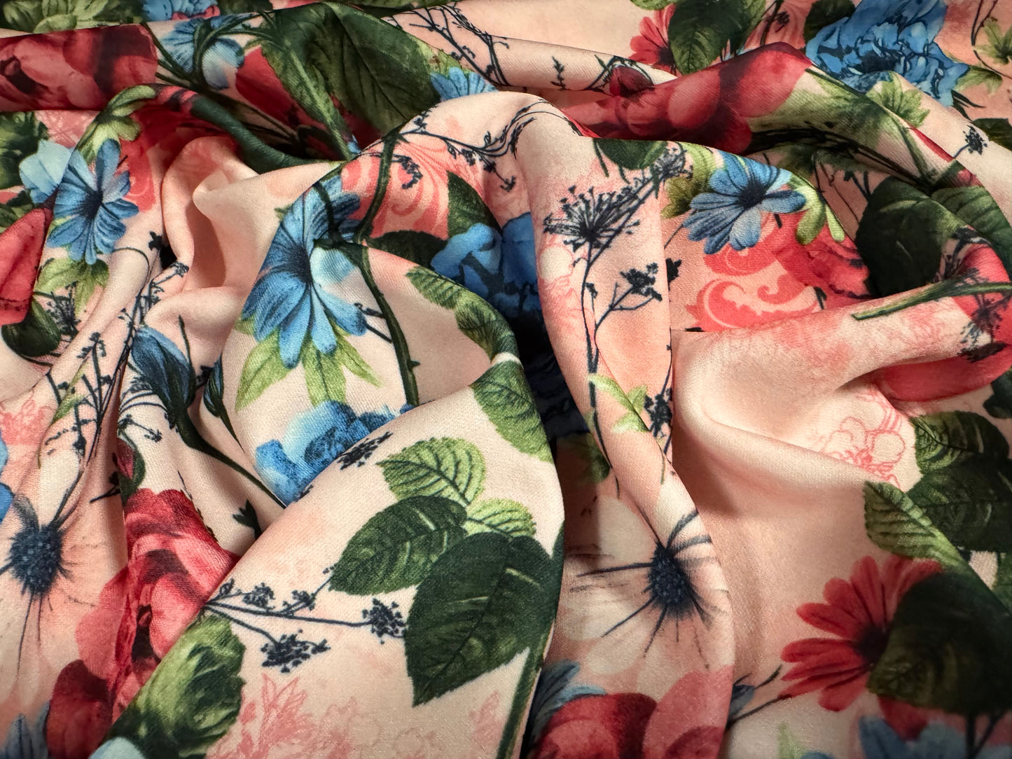 Scuba stretch spandex double jersey fabric, per metre - wild rose print - pink & blue