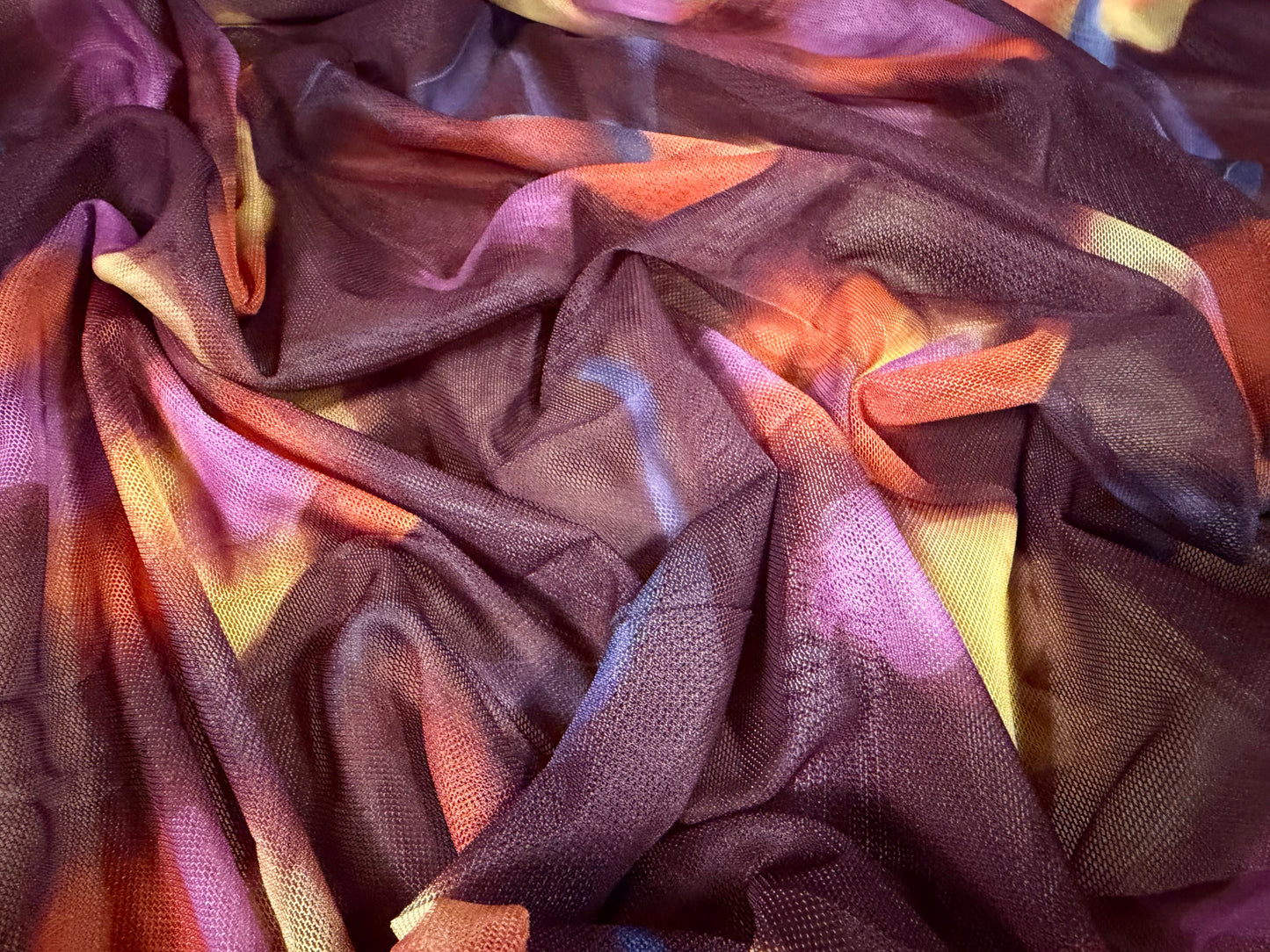 Power mesh net stretch spandex fabric, per metre - floral smudge print - plum