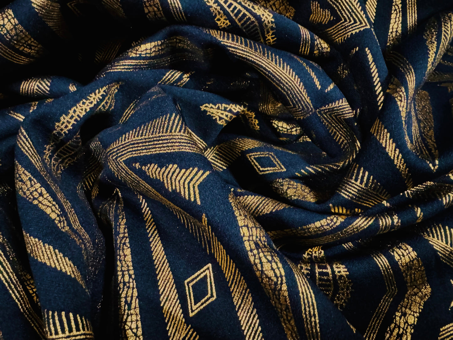 Scuba stretch spandex jersey fabric, per metre - navy with gold foil Egyptian style geometric print