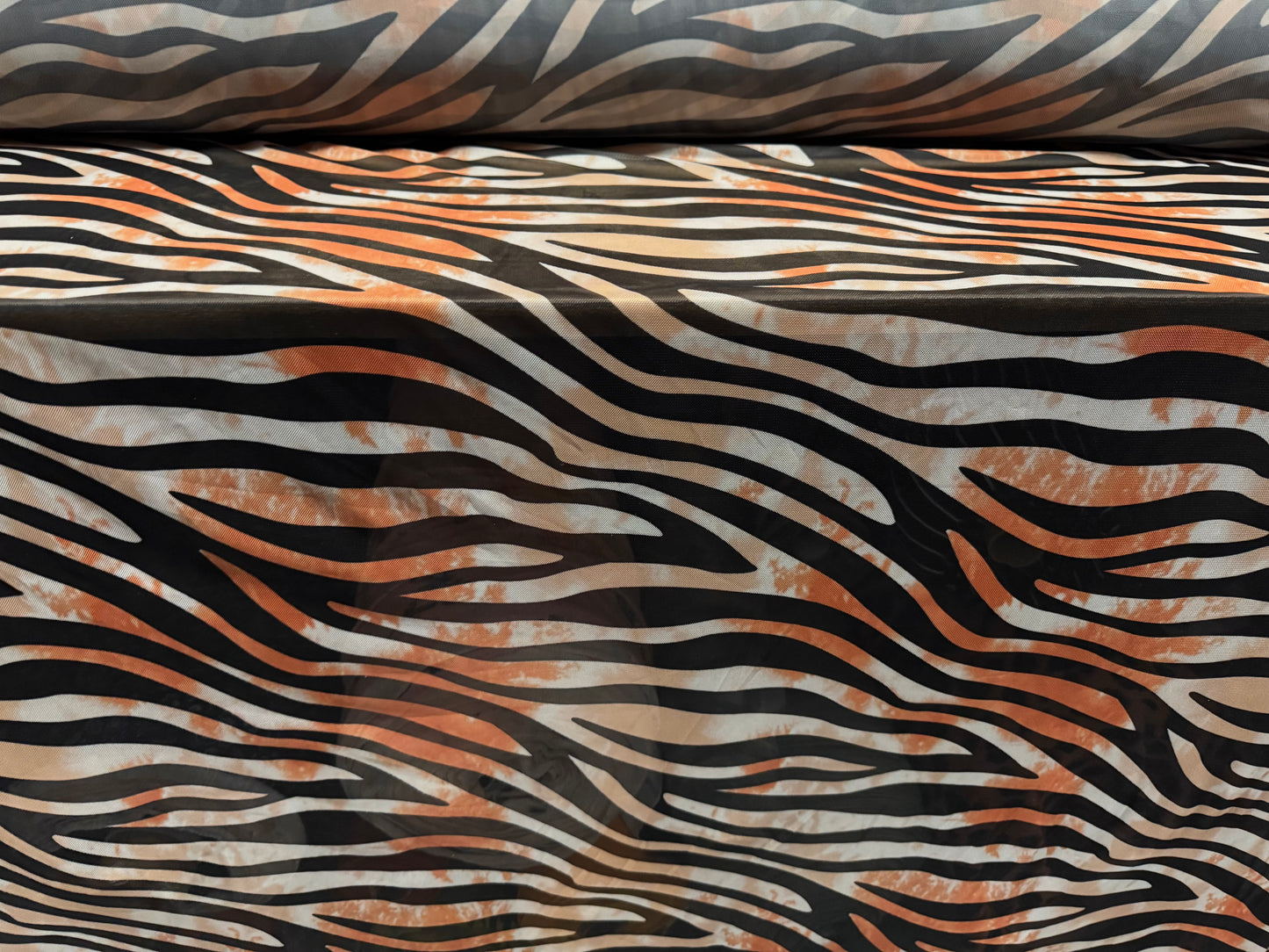 Power mesh net stretch spandex fabric, per metre - zebra animal print - Orange & black