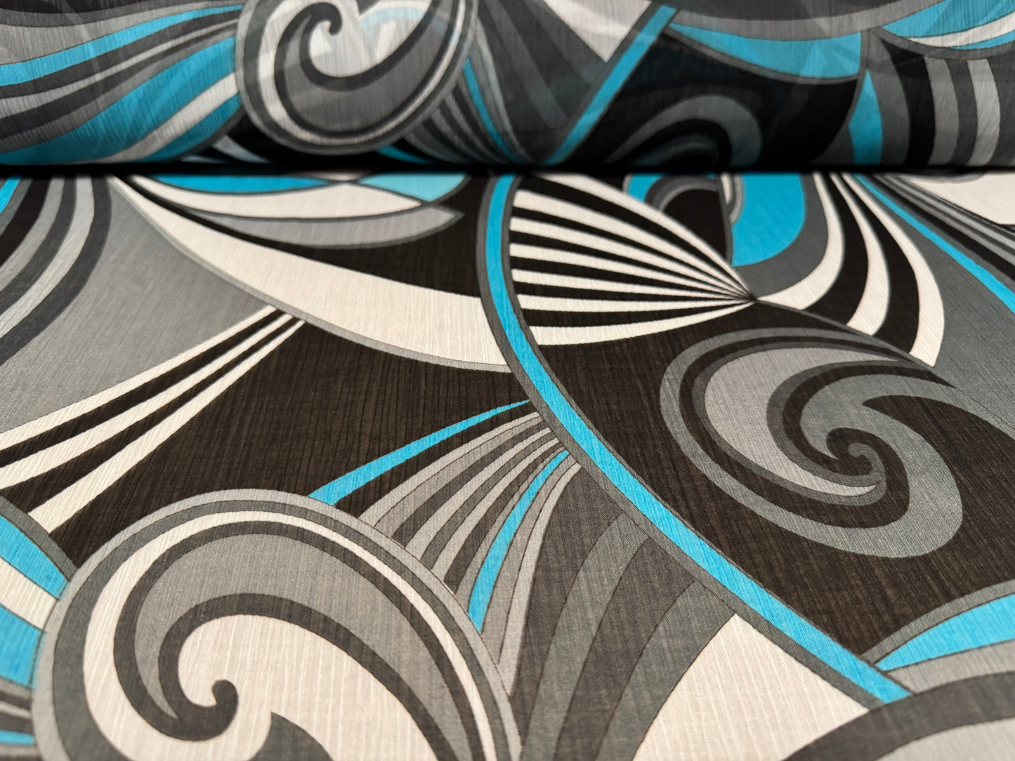 Printed chiffon yoryu dress blouse fabric, per metre - 60s swirl print - turquoise black & white