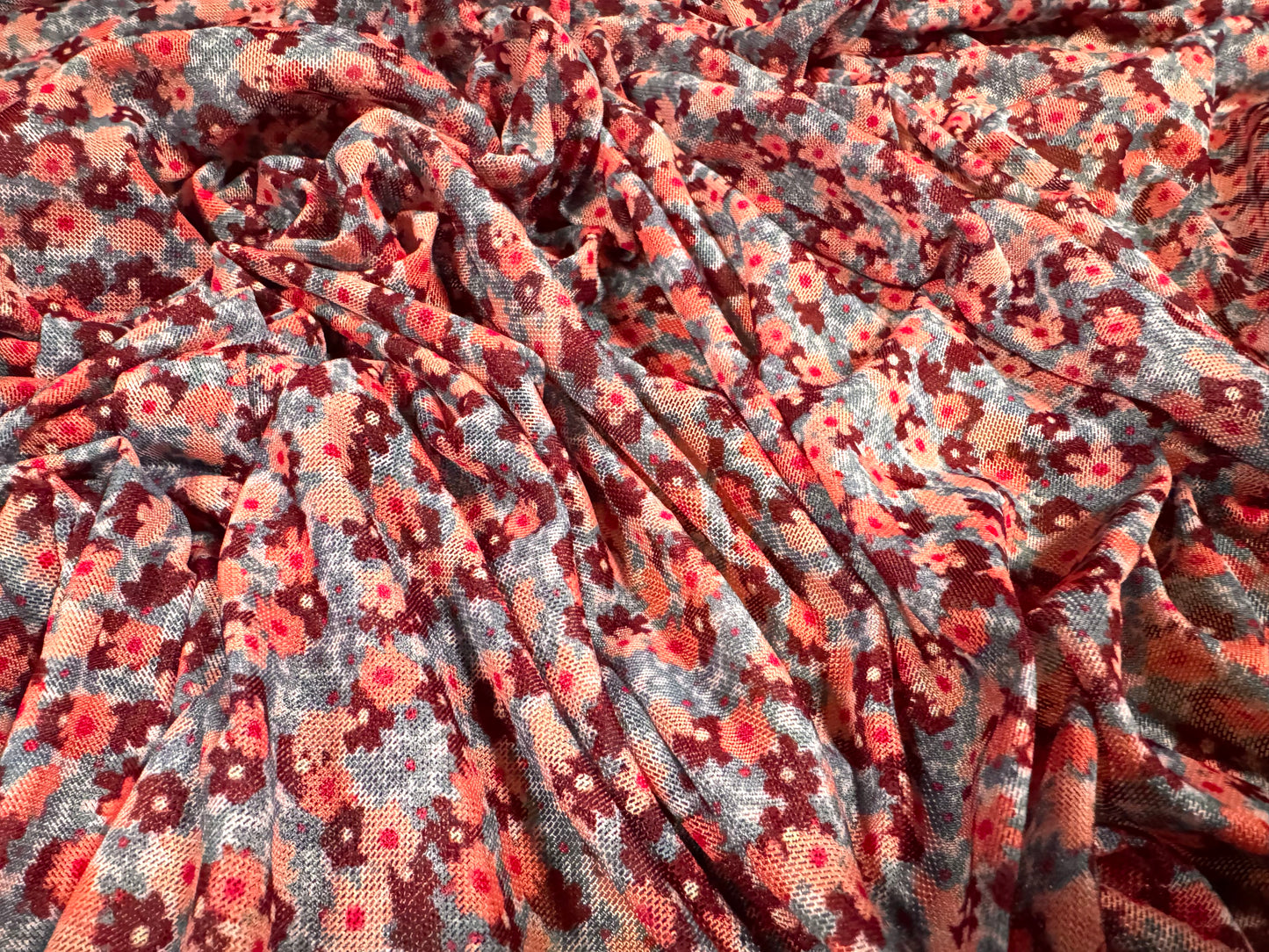 Power mesh net stretch spandex fabric, per metre - ditsy floral print - pink & burgundy