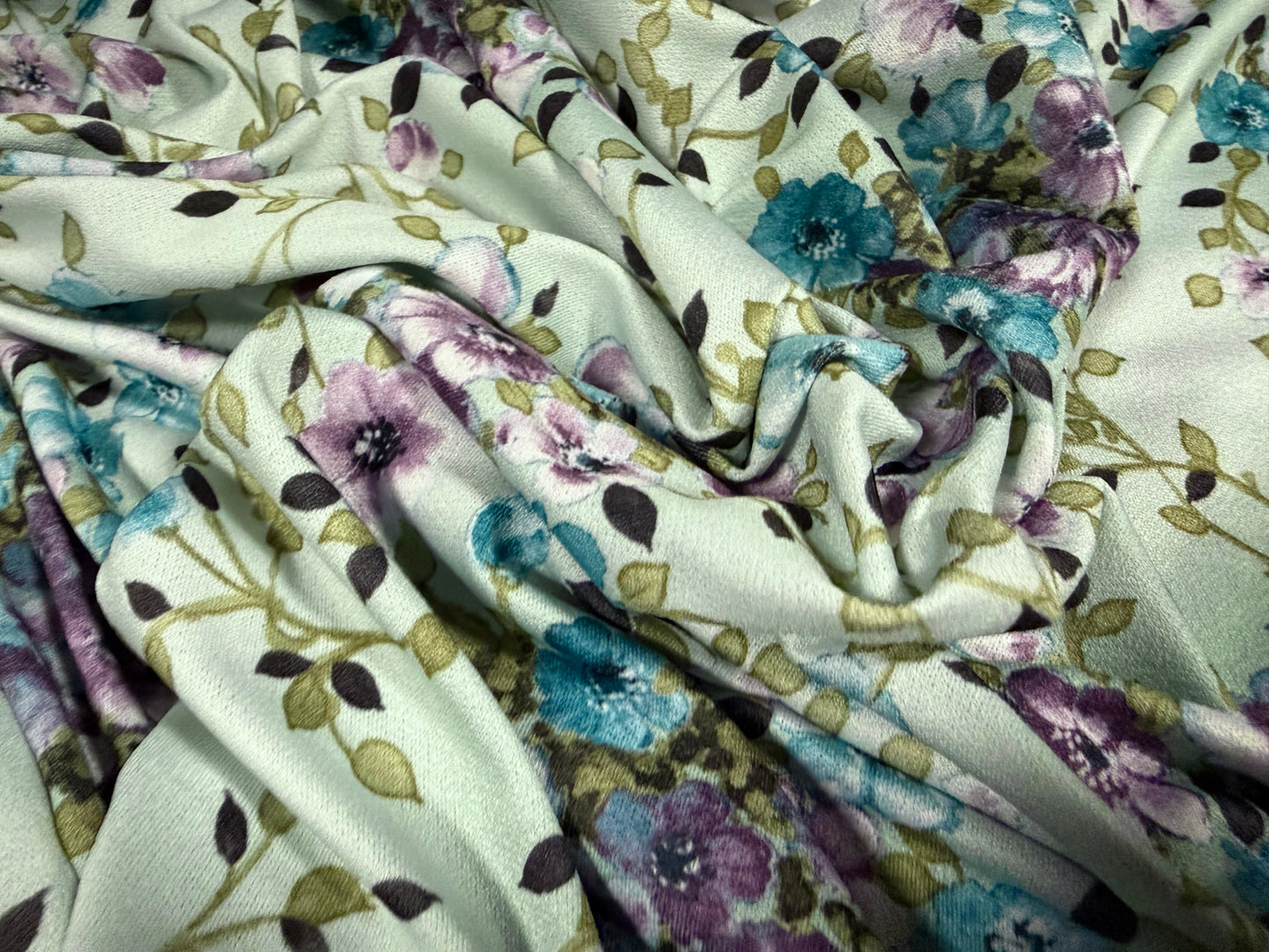 Stretch spandex crepe single jersey dress fabric, per metre - floral print - mint & violet