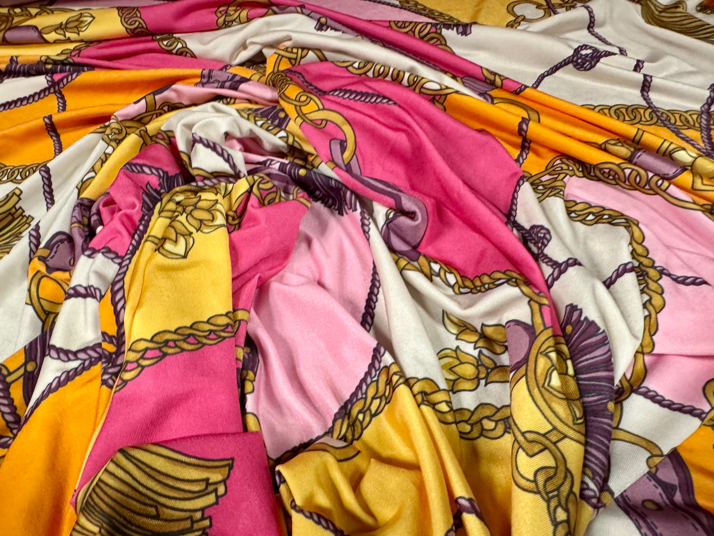 Soft touch stretch spandex single jersey fabric, per metre - tassels and chains print - pink gold & cream
