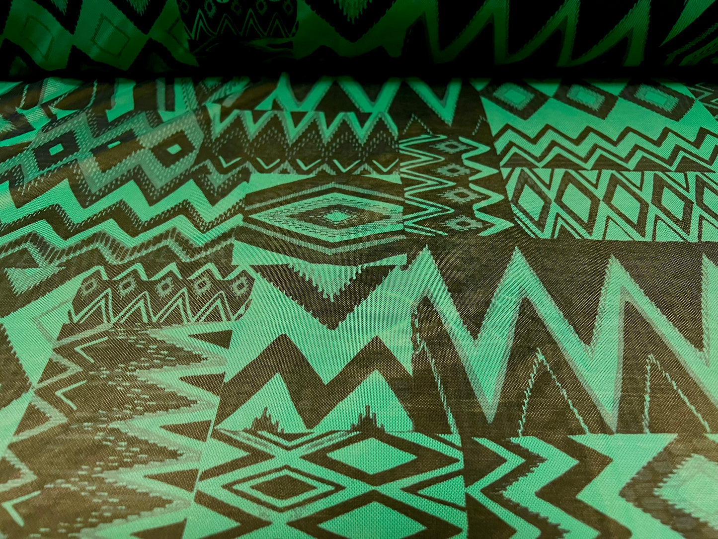 Power mesh net stretch spandex fabric, per metre - Aztec patchwork print - jade green