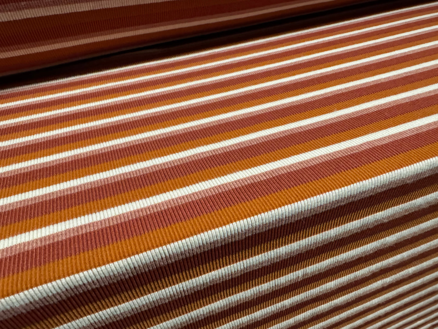 Stretch Spandex rib jersey fabric, per metre - stripe - burnt orange & cream