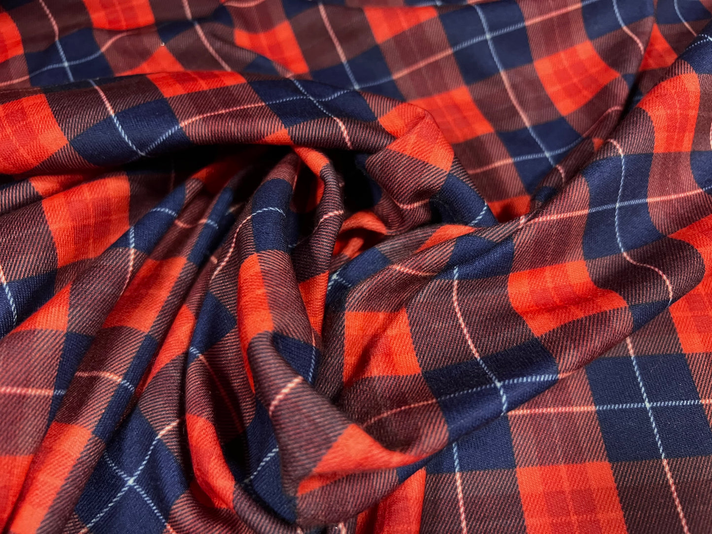 Soft interlock jersey fabric, per metre - tartan print - red & navy blue