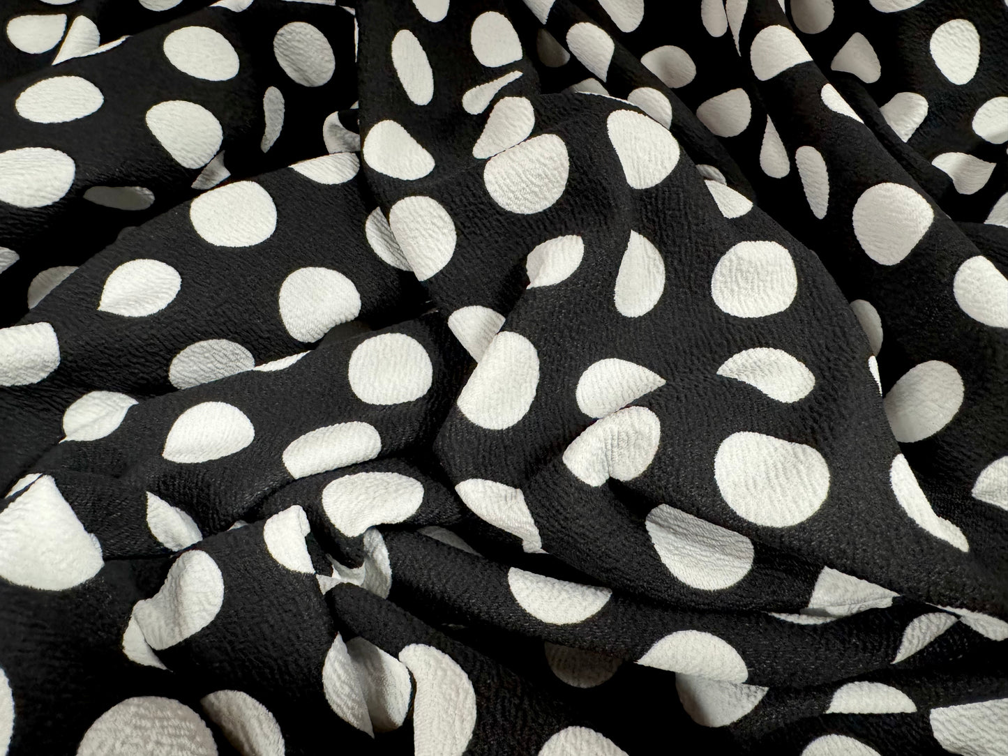 Scuba textured ‘Liverpool’ stretch spandex jersey fabric, per metre - polka dot print - black & white