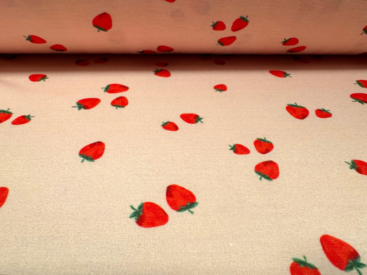 Stretch spandex interlock jersey fabric, per metre - strawberry print - pink