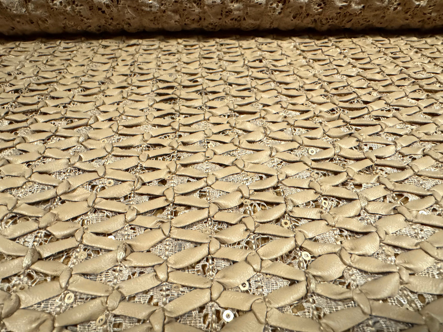 Couture p.u. coated lace fabric with bows & sequins, per metre - floral - alpine