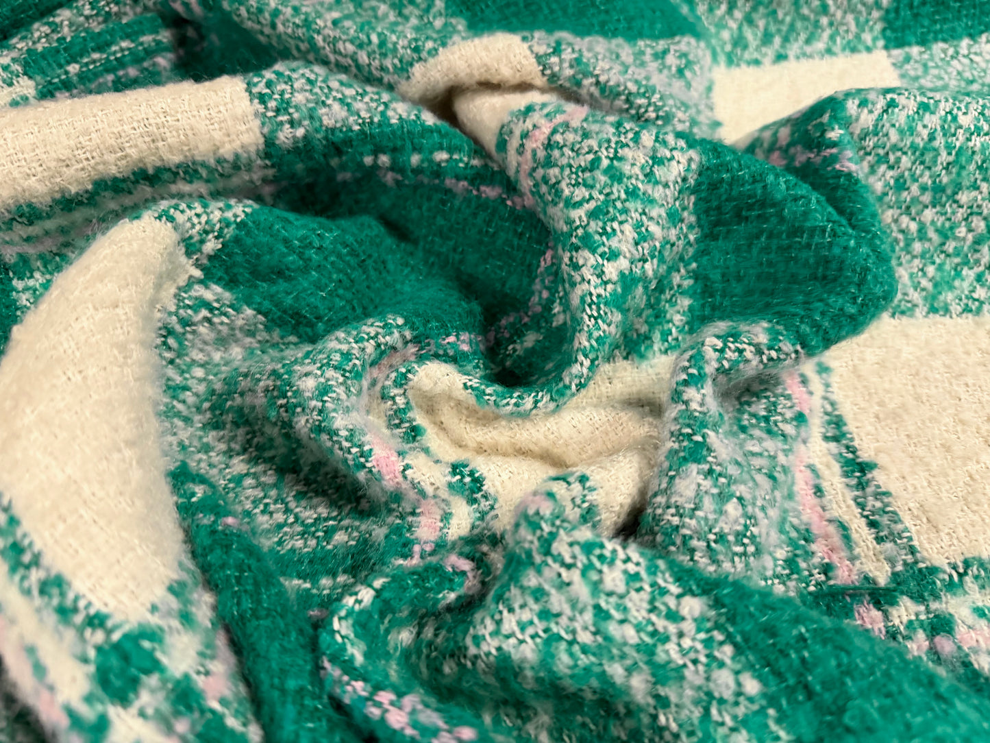 Wool bouclé fabric, per metre - check - emerald green white & pink