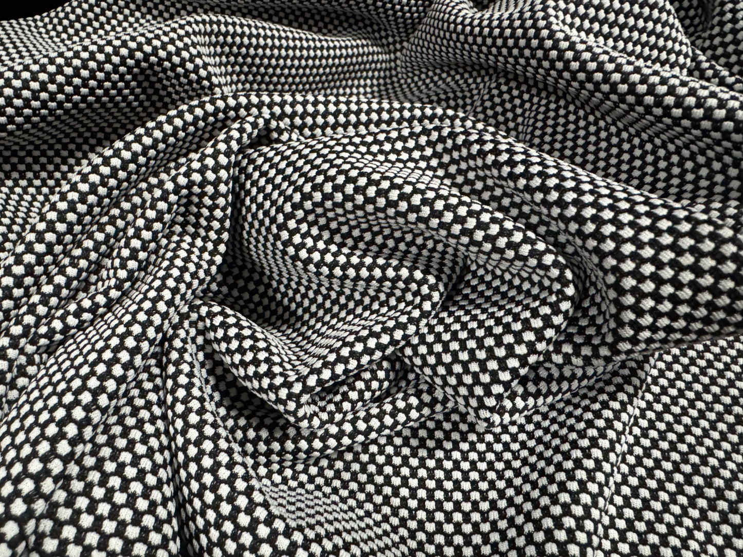 Double jersey knit stretch spandex fabric, per metre - salt & pepper dobby jacquard - black and white