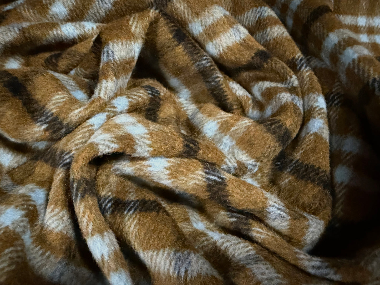 Heavyweight wool flannel coat jacket fabric, per metre - plaid check - ochre & sky blue