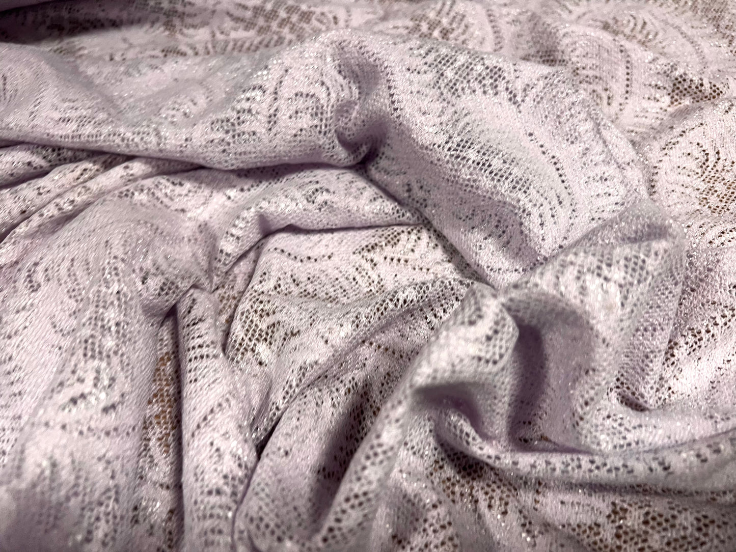 Stretch spandex lace dress fabric, per metre - abstract swirl pattern - pale lilac