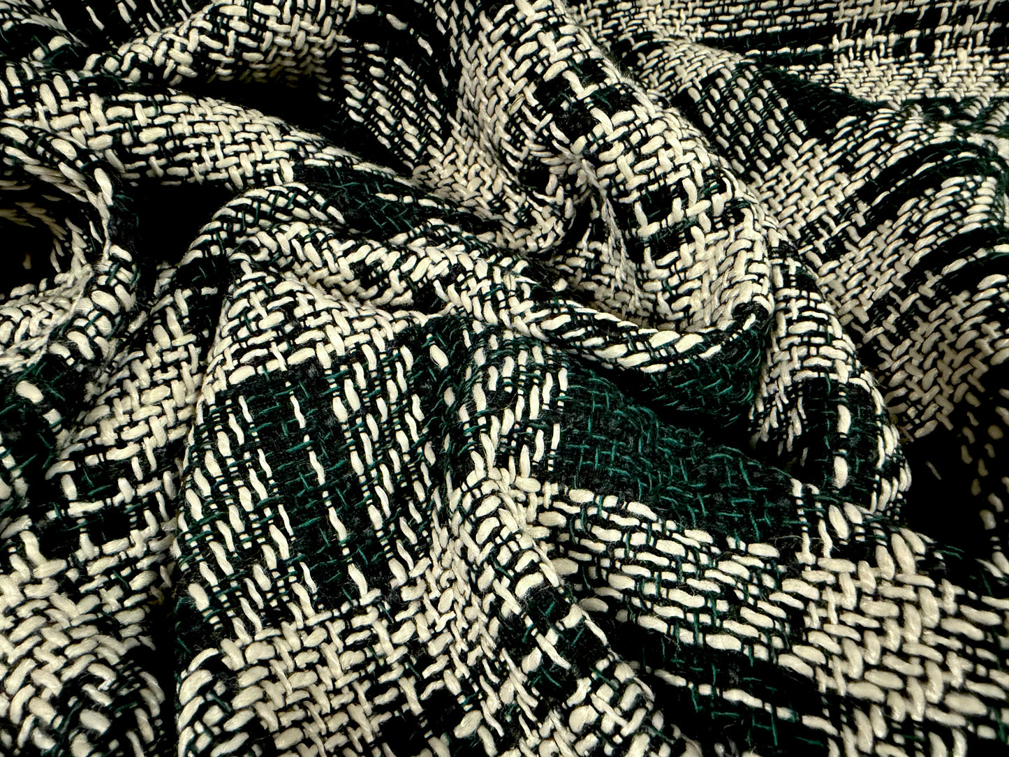 Heavyweight wool bouclé fabric, per metre - check - bottle green & cream