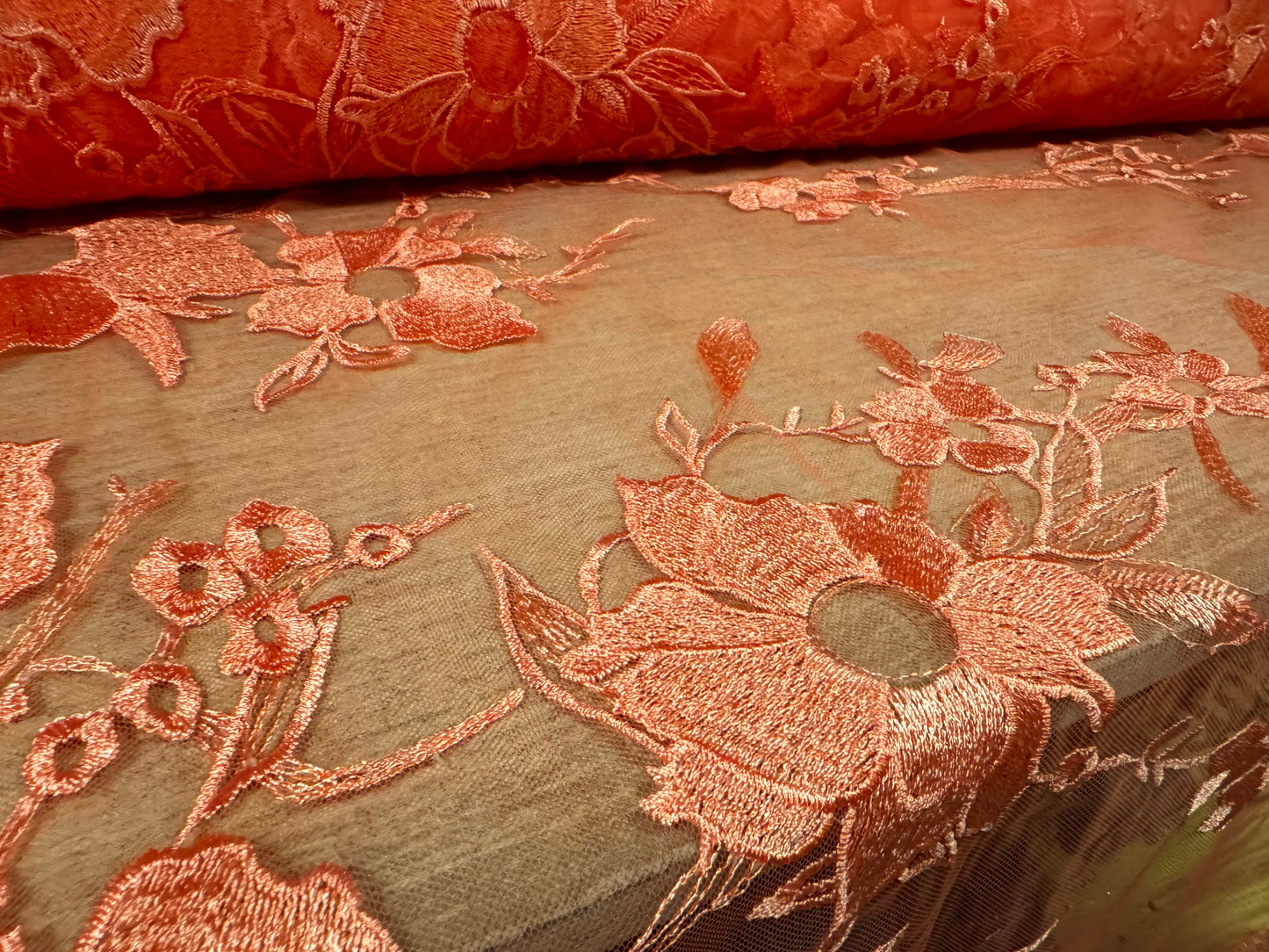 Embroidered tulle mesh net fabric, per metre - floral - scalloped selvedge - orange