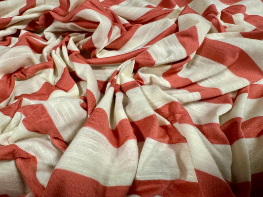 Soft handle single jersey fabric, per metre - slub stripe - coral & ivory