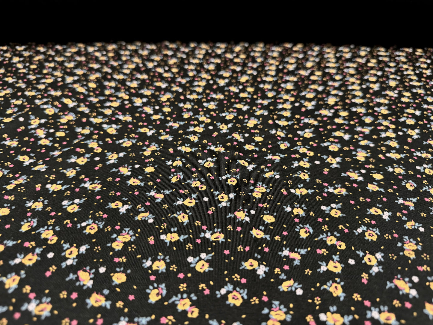 Viscose spandex stretch single jersey fabric, per metre - Ditsy flower print - black & yellow