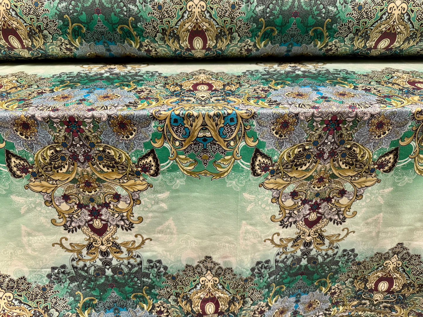 Stretch spandex interlock jersey fabric, per metre - paisley print - jade green