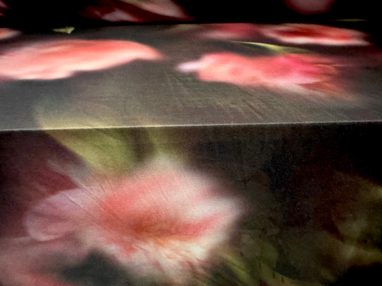 Power mesh net stretch spandex fabric, per metre - soft focus floral print - plum & pink