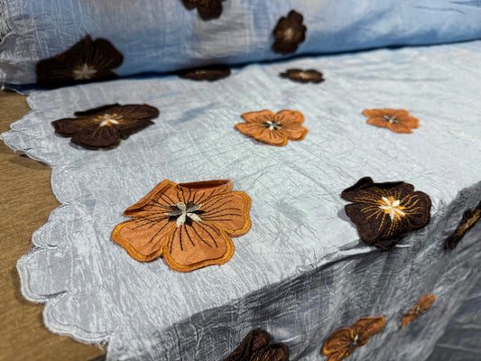 Taffeta faux silk fabric, per metre - embroidered flower appliqué border - sky blue
