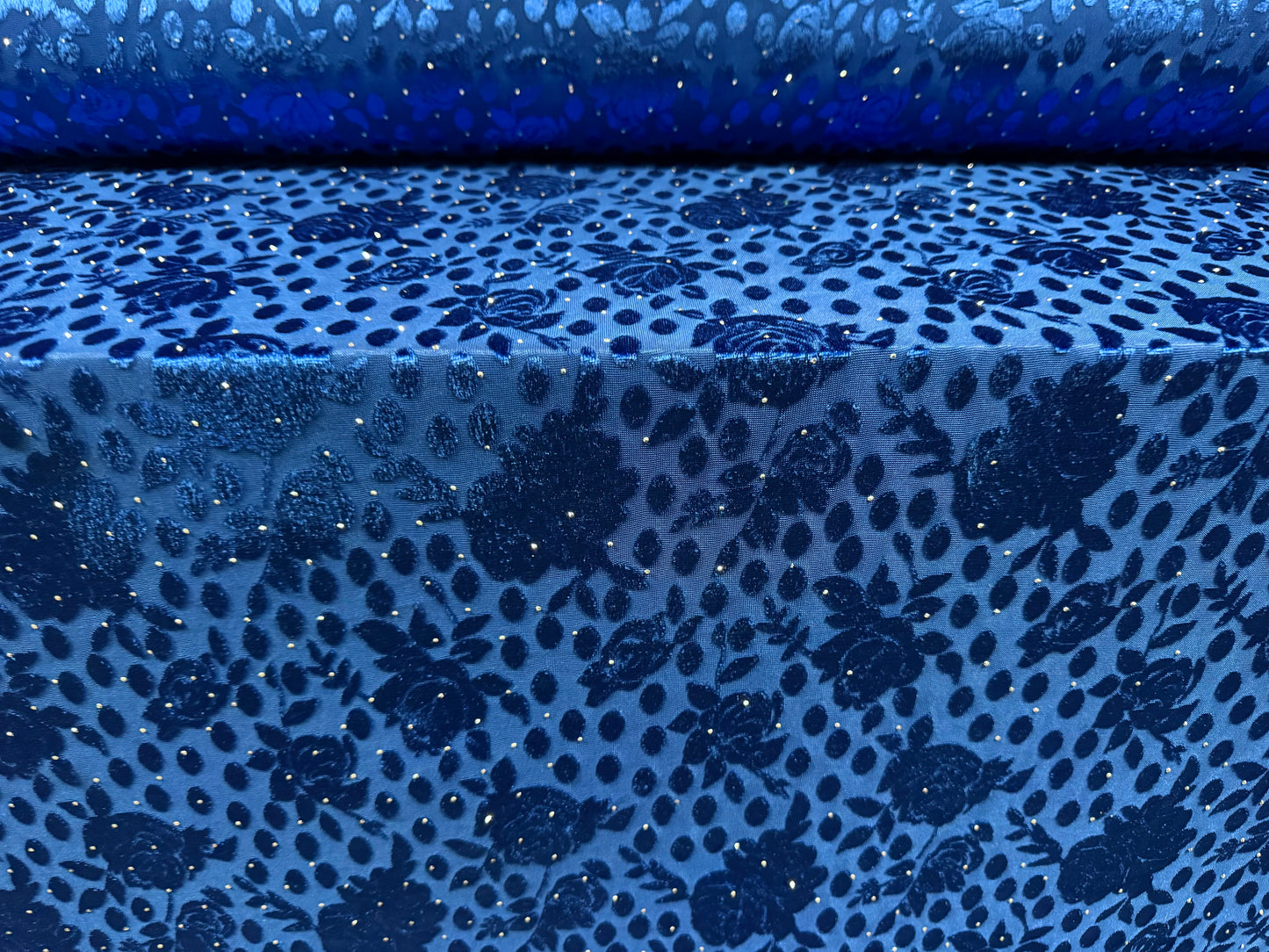 Devoré velour fabric with diamanté sparkle, per metre - floral - blue