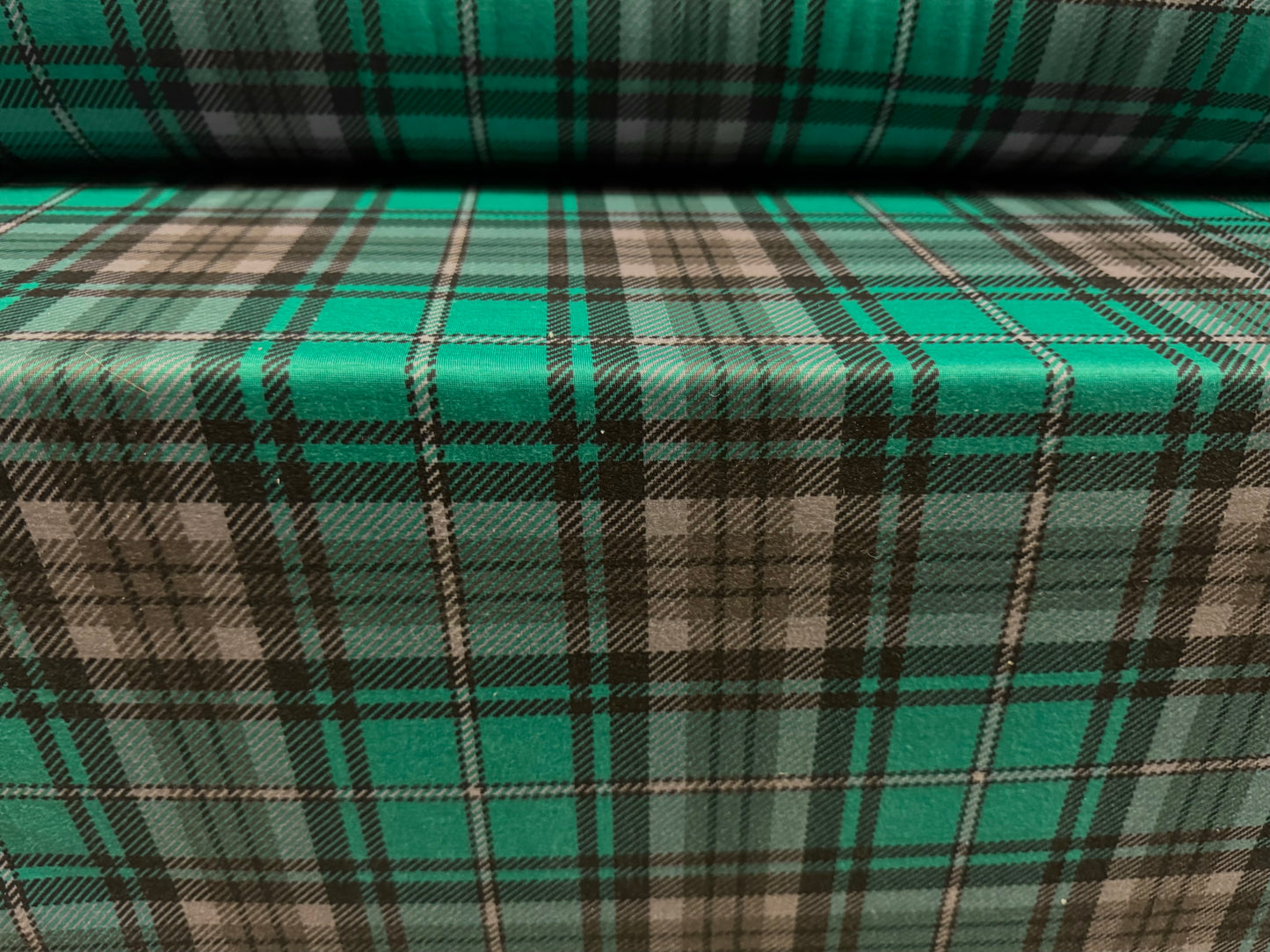 Soft handle single jersey fabric, per metre - tartan print - emerald green & grey