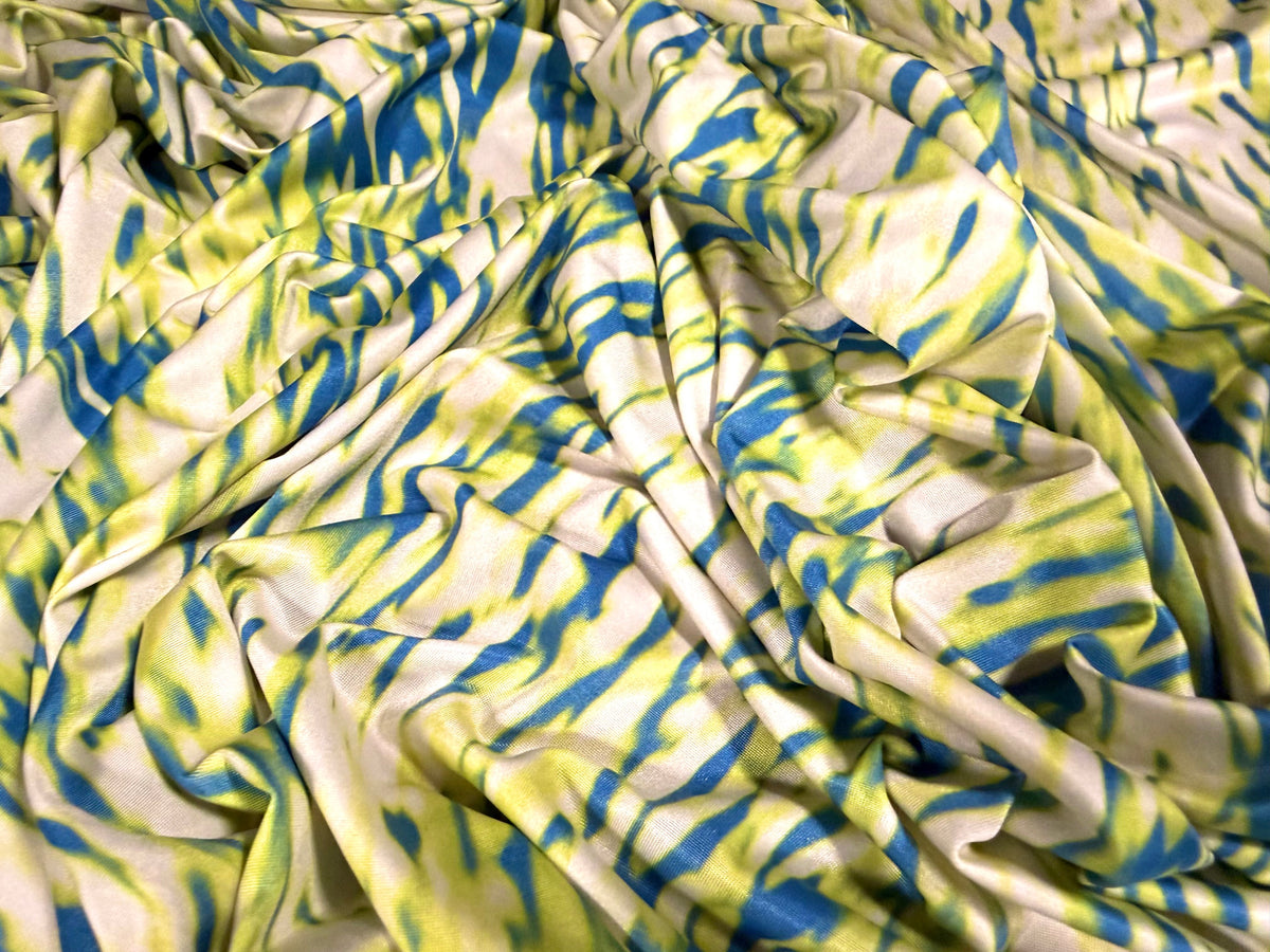 Soft touch stretch spandex jersey fabric, per metre - smudge print - yellow & teal