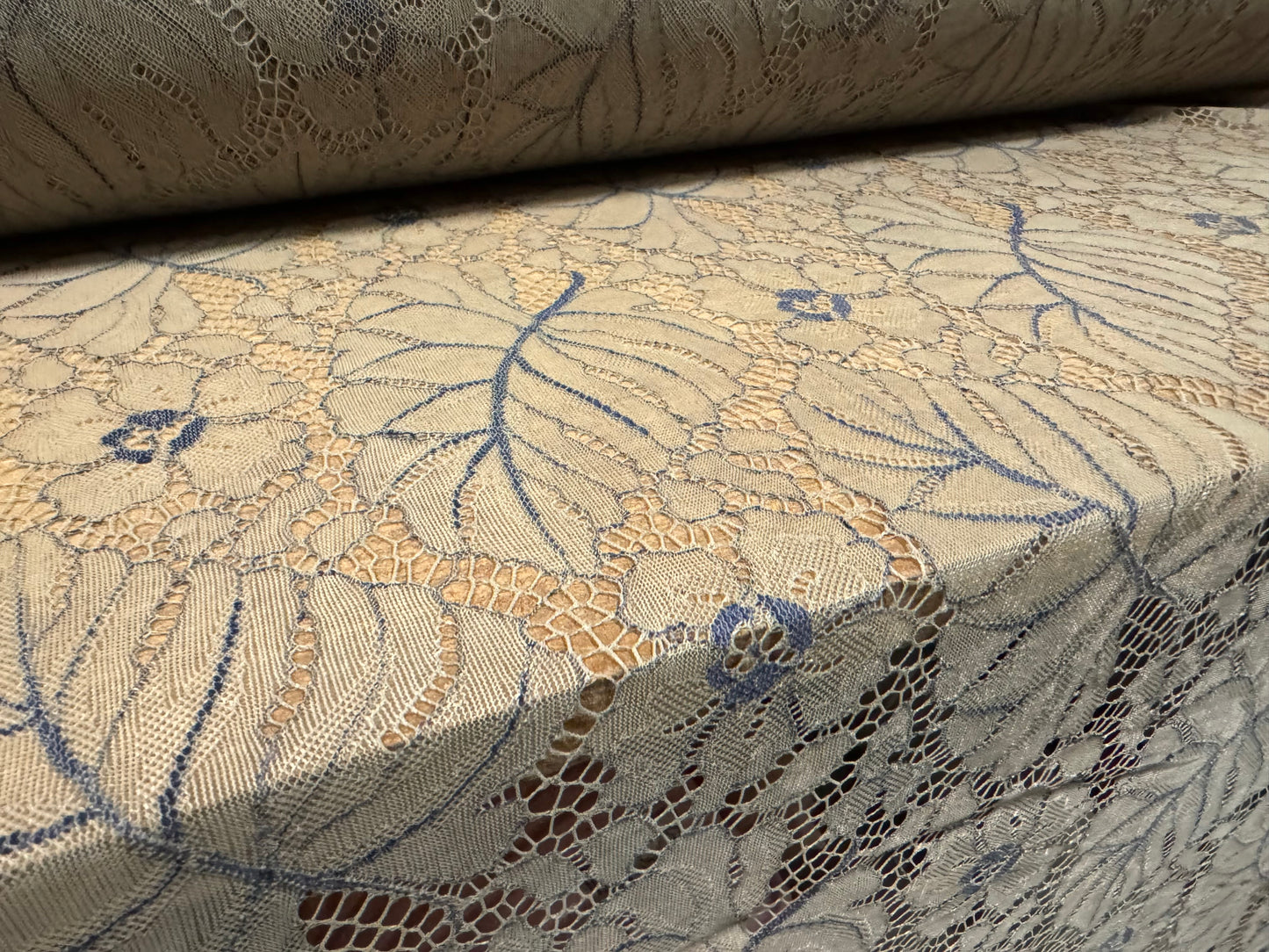 Fine lace fabric, per metre - leaf design - stone & navy