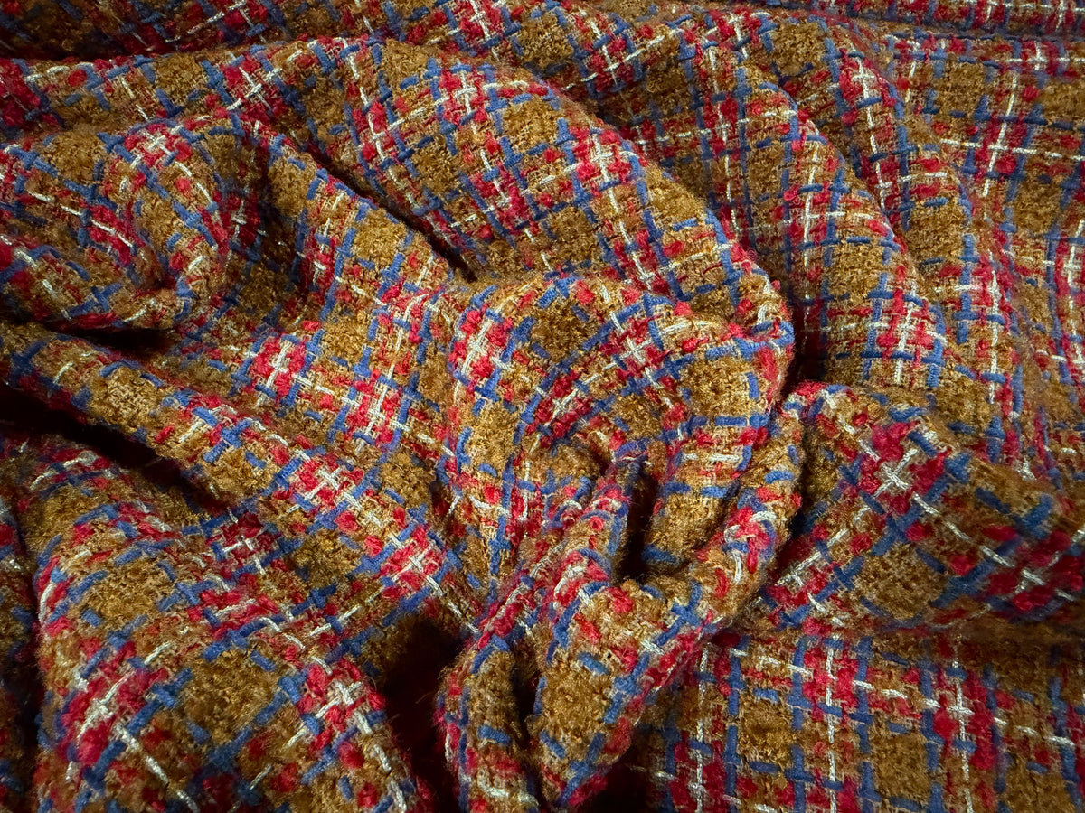 Metallic wool bouclé fabric, per metre - check - brown fuchsia & blue with silver lurex
