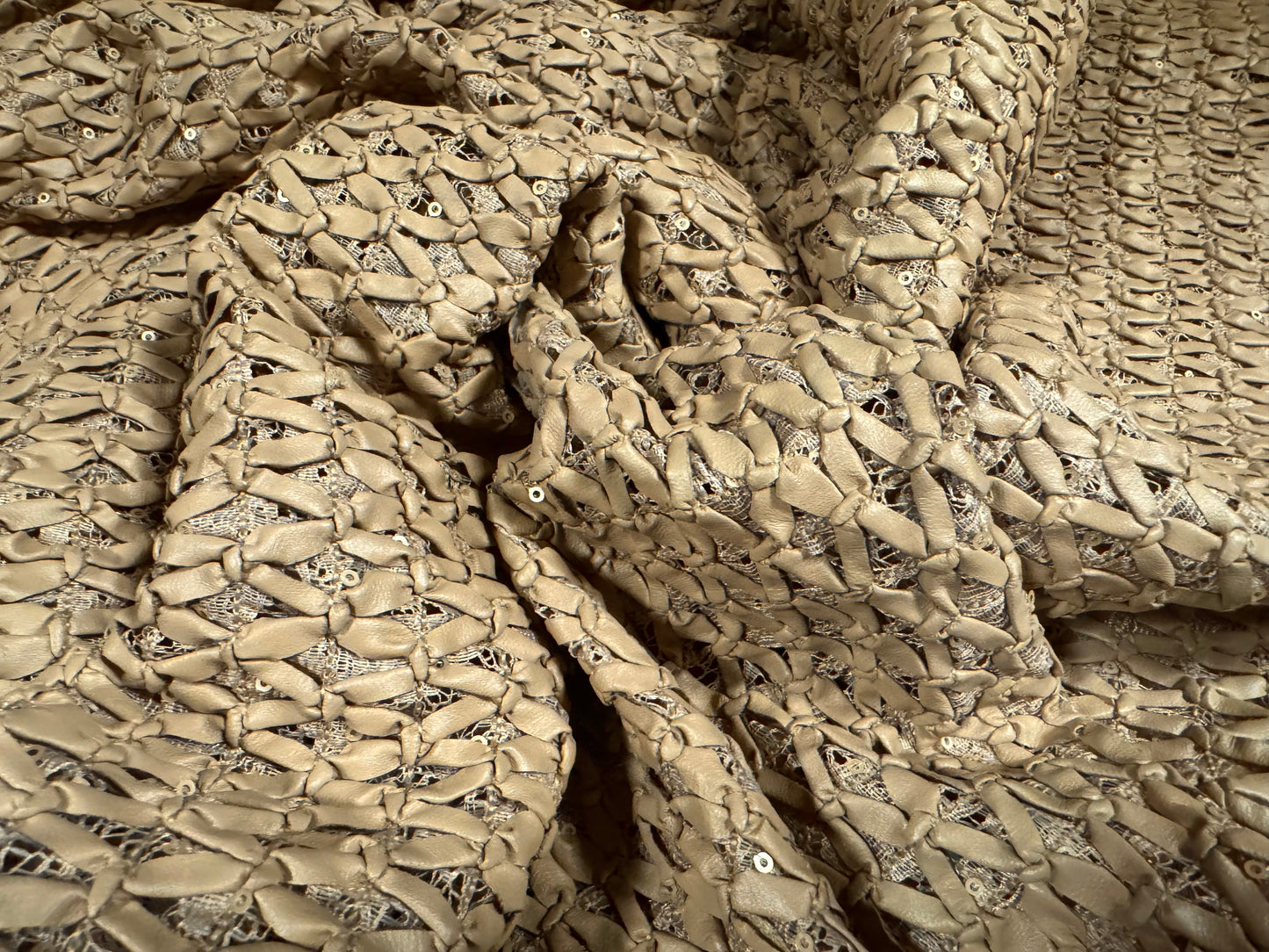 Couture p.u. coated lace fabric with bows & sequins, per metre - floral - alpine