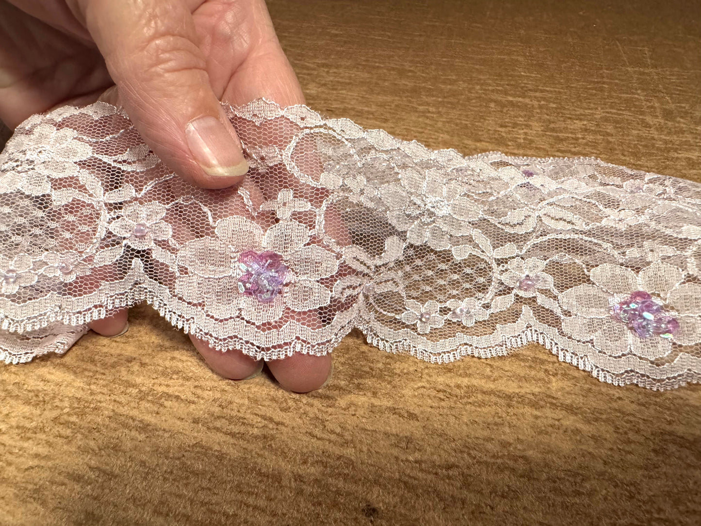 Scalloped lace edging trim fabric - floral - lilac with sequins