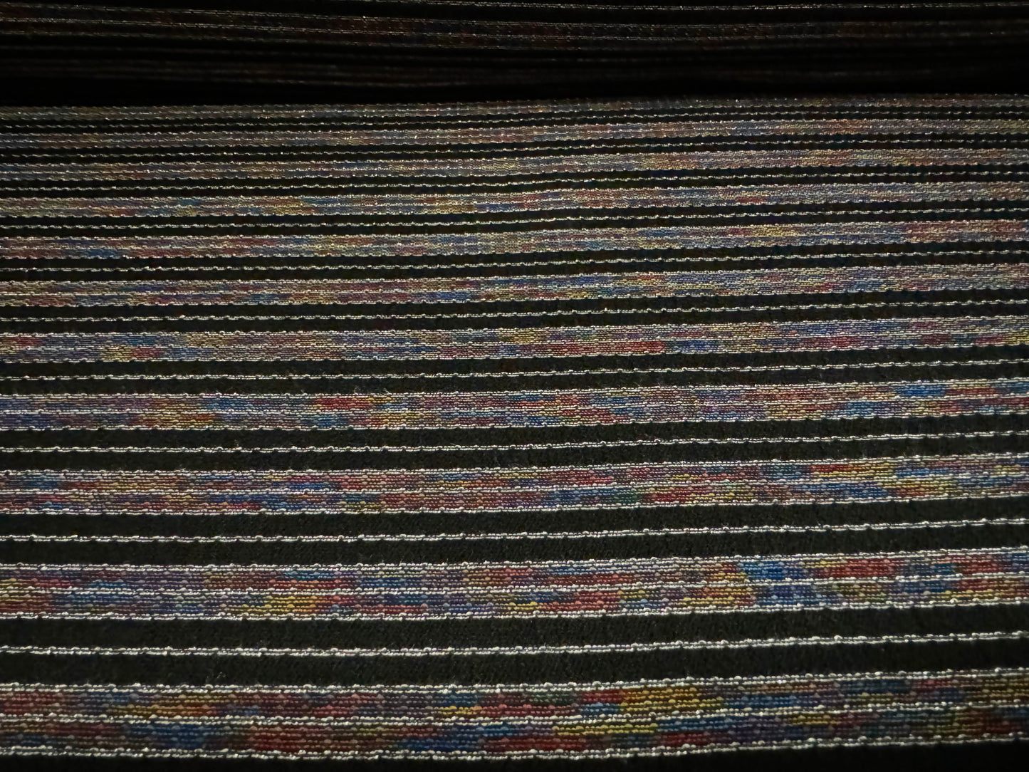 Super Stretch Metallic Spandex rib jersey fabric, per metre - black with rainbow stripe & silver lurex