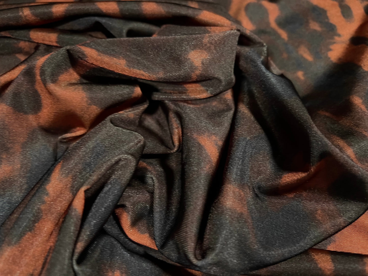 Disco shimmer stretch jersey fabric, per metre - hyena animal print - chestnut brown, navy blue & black