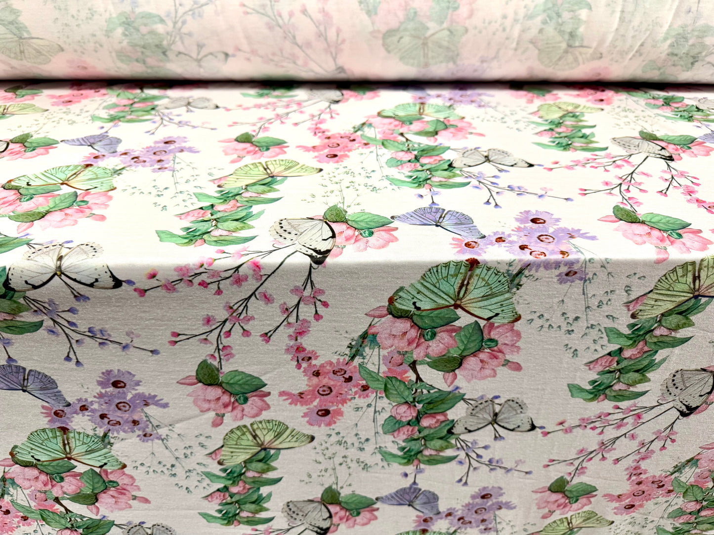 Soft handle single jersey fashion fabric, per metre - flowers & butterflies print