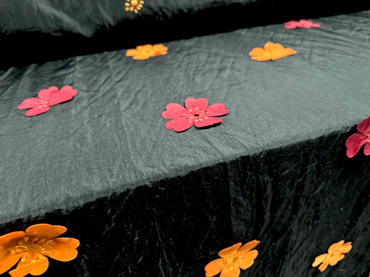 Taffeta faux silk fabric - flower appliqué - black burgundy & orange