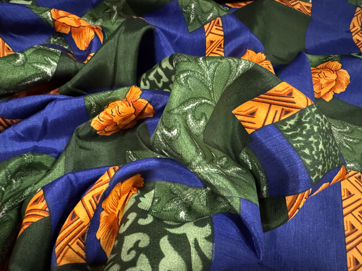 Crepe de chine woven dress fabric, per metre - paisley rose - cobalt, copper & olive