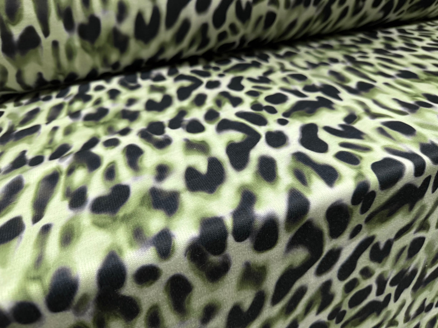 French Terry loopback sweatshirt jersey fabric, per metre - leopard smudge print - sage green
