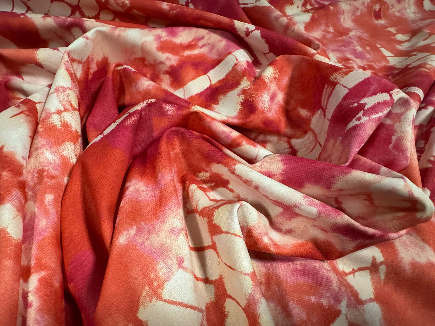 Matt swimwear stretch spandex jersey fabric, per metre - stylised crocodile print - raspberry & coral