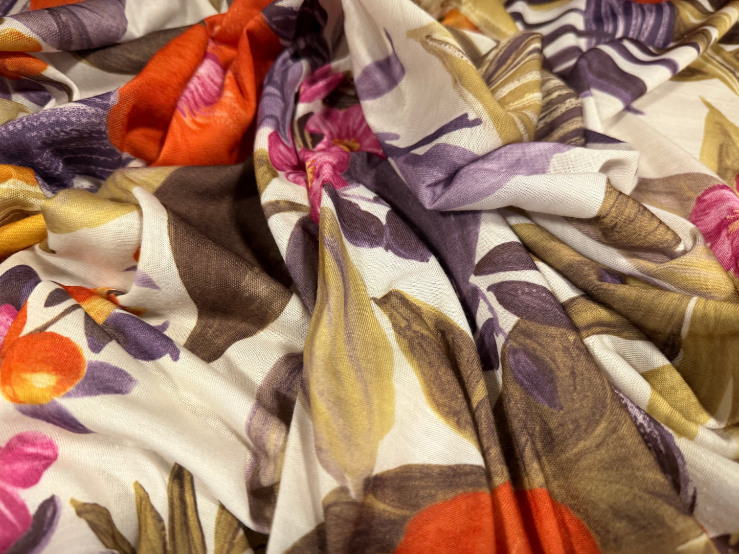 Soft handle single jersey fabric, per metre - jungle flowers print - multicolour