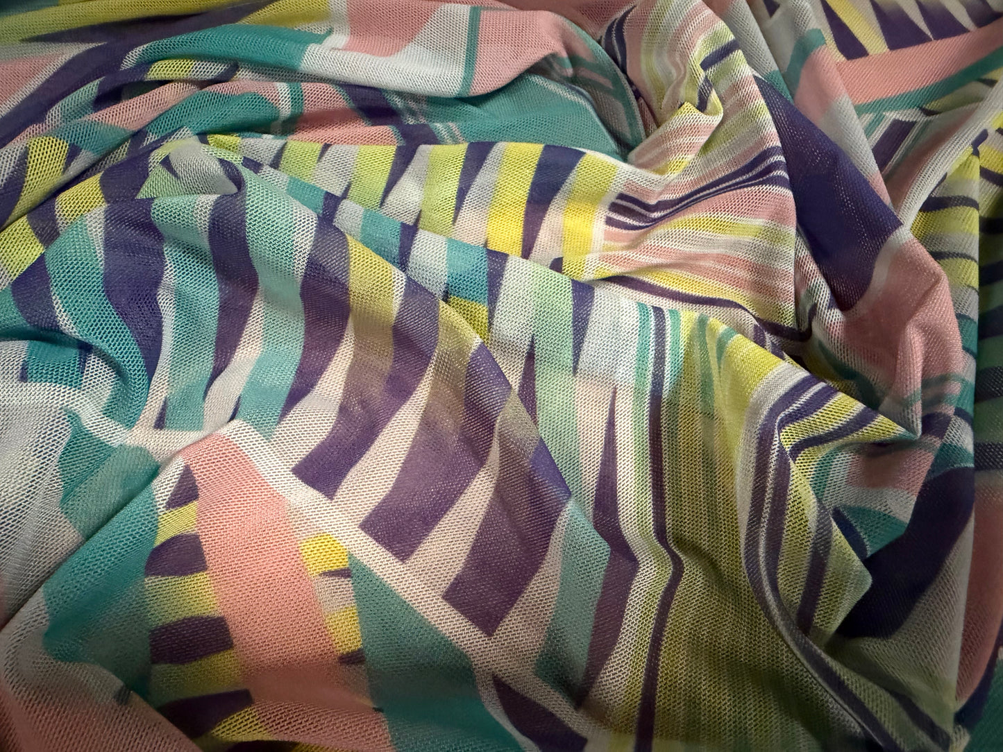 Power mesh net stretch spandex fabric, per metre - geometric print - pink & jade