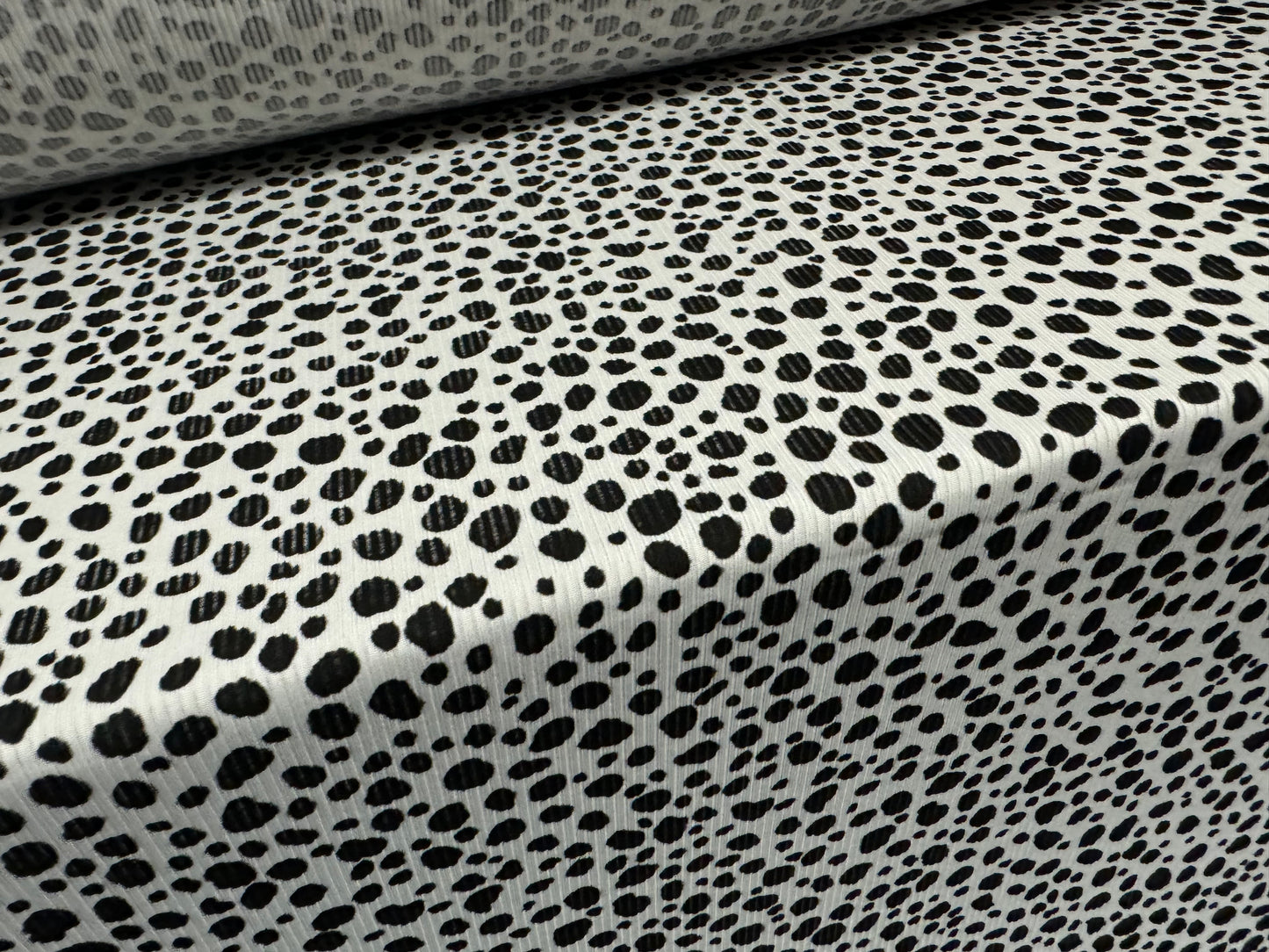 Stretch spandex fine ribbed jersey fabric, per metre - Dalmatian print - black & white