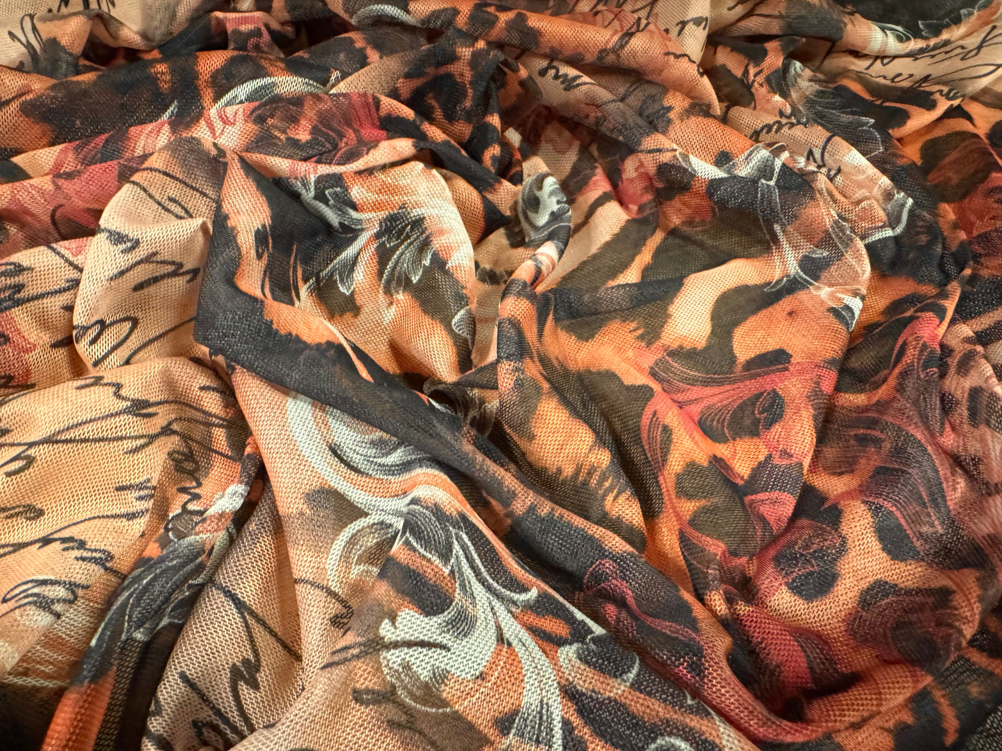 Power mesh net stretch spandex fabric, per metre - leopard & verse print - peach & nude