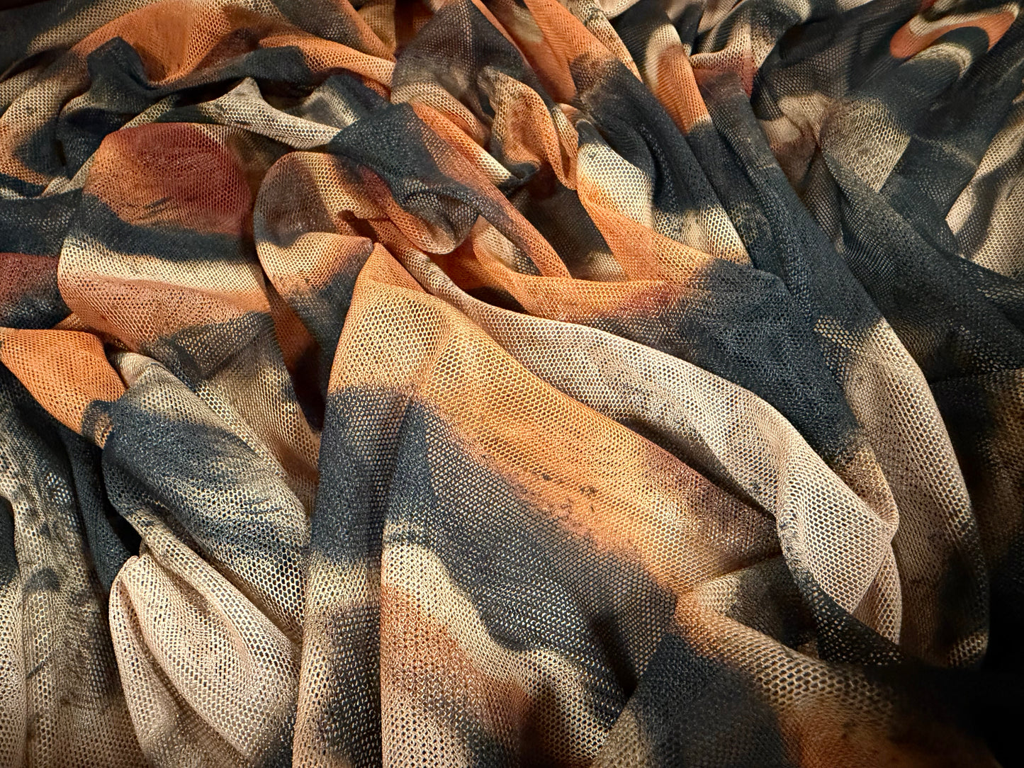 Power mesh net stretch spandex fabric, per metre - abstract tiger print - caramel & beige